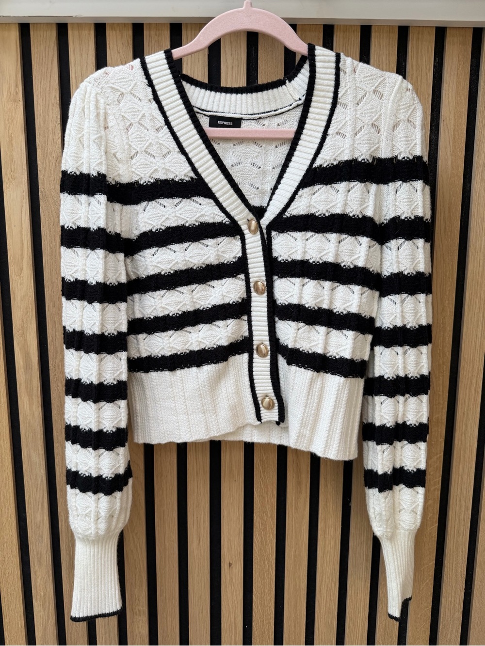 Express Cream & Black Striped V-Neck Button Cardigan